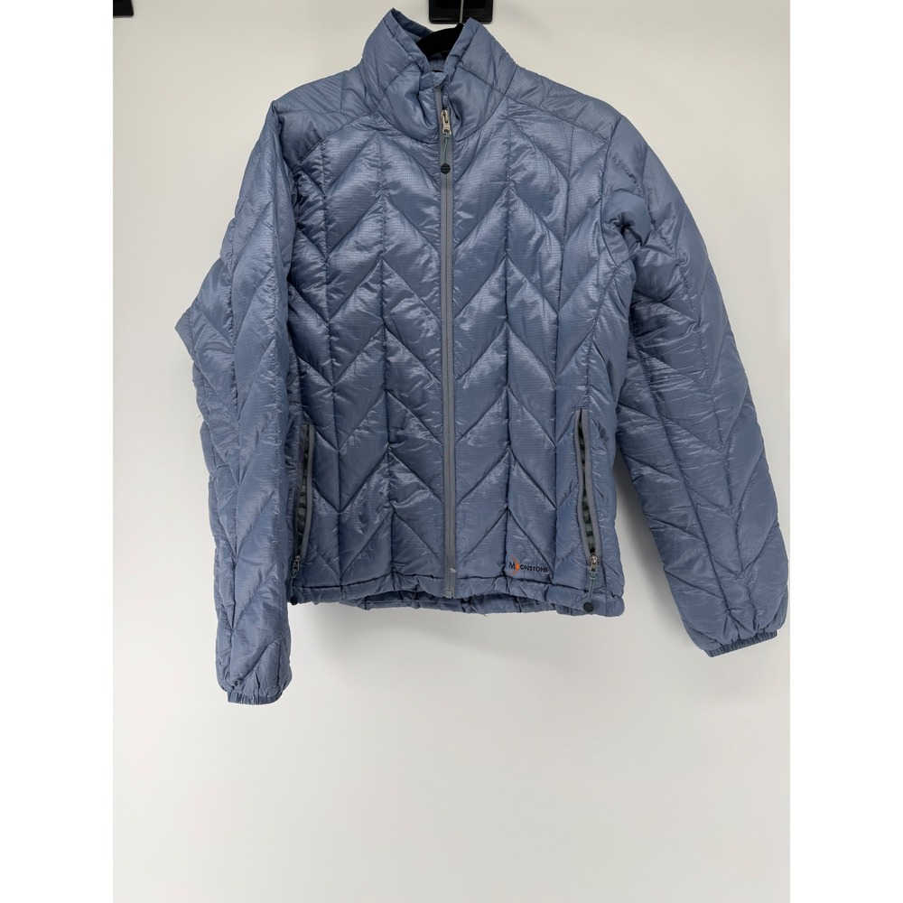 Moonstone Womens Blue Chevron Quilted Goose Down Puffer Jacket Large Full Zip